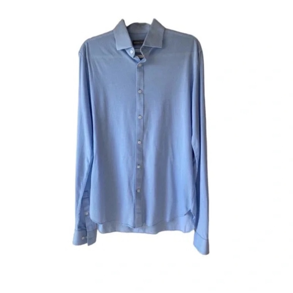 Michael Kors Slim-Fit Fine Gauge Knit Button Stripe Long Sleeve Shirt Blue